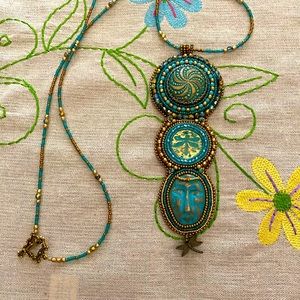 Hand beaded Czech button, dragon fly and moon face with beaded necklace